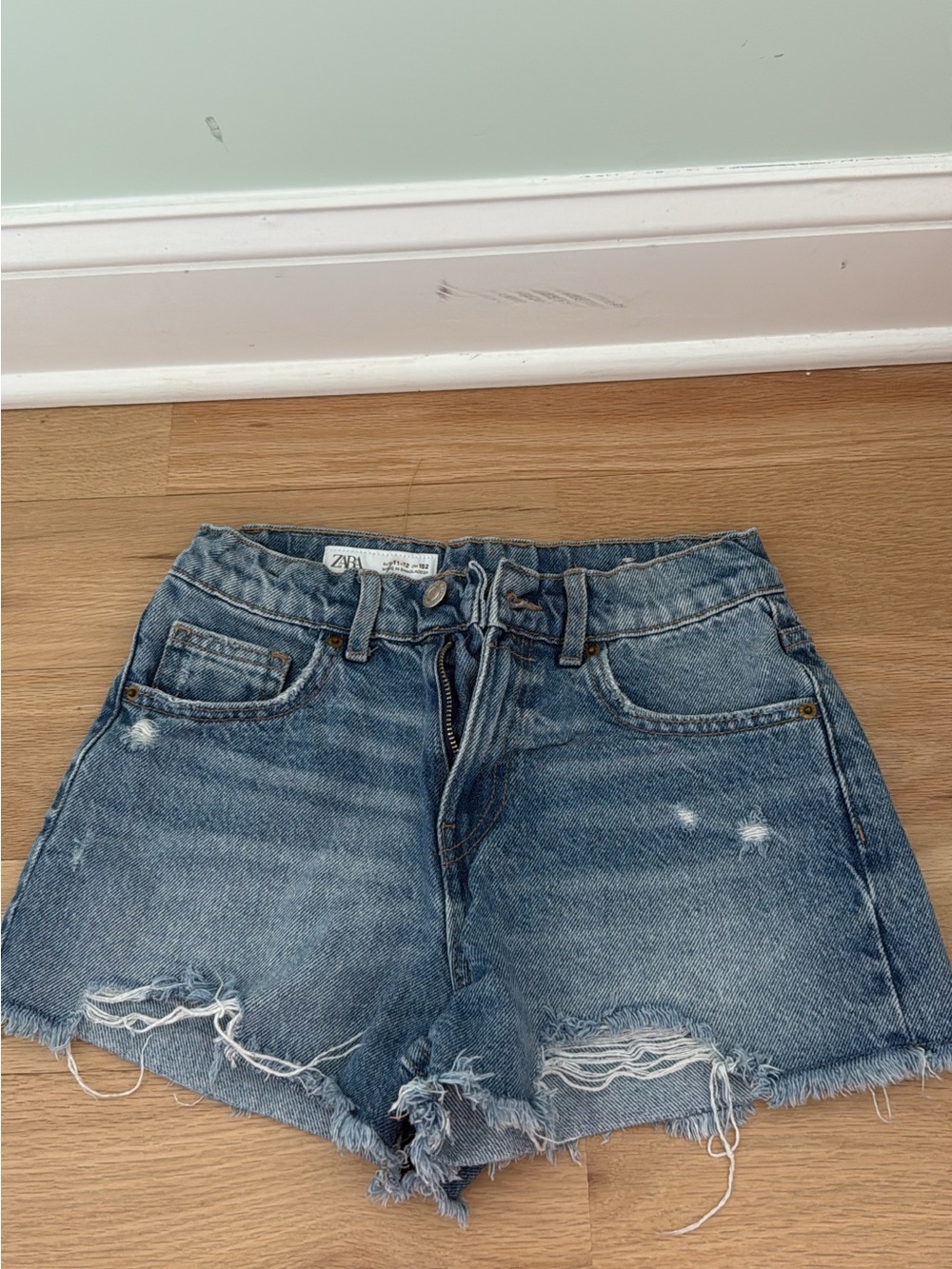 Zara Distressed Light Blue Denim Shorts